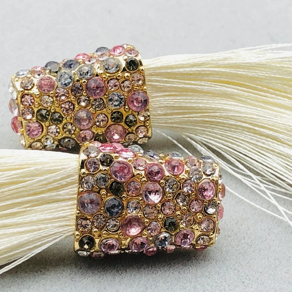 Dangle Earrings Set 2 Pair Gold‎ Tone Chandelier Pink Rhinestone White Tassel
